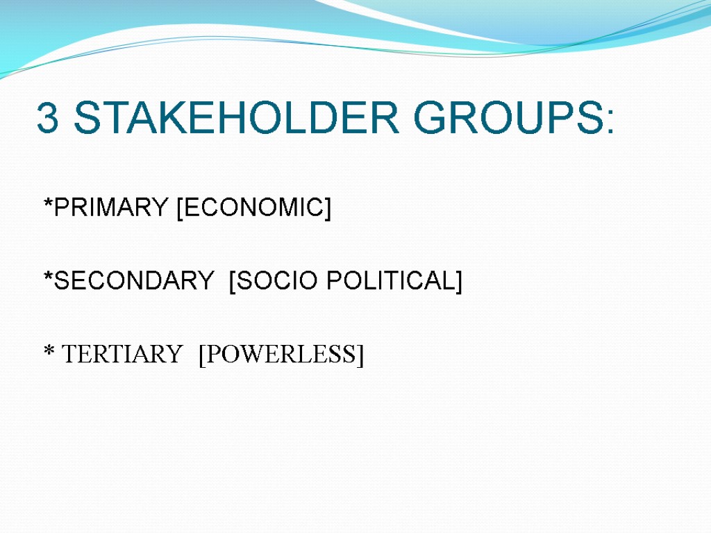 3 STAKEHOLDER GROUPS: *PRIMARY [ECONOMIC] *SECONDARY [SOCIO POLITICAL] * TERTIARY [POWERLESS]